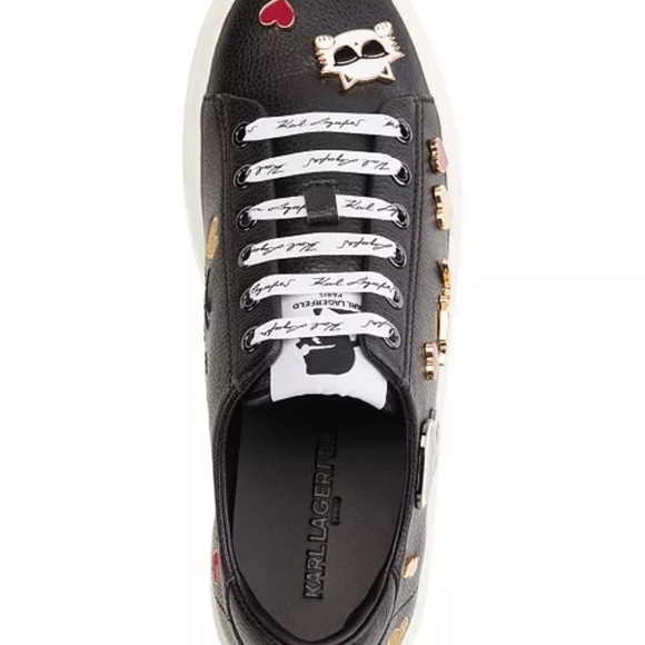 Karl Lagerfeld Paris Cate Pins Lace-Up Platform Sneakers Black Leather Size 10 - Picture 2 of 16